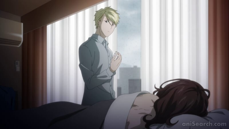 Ryou pensativo olhando para uma mulher em sua cama Koikimo