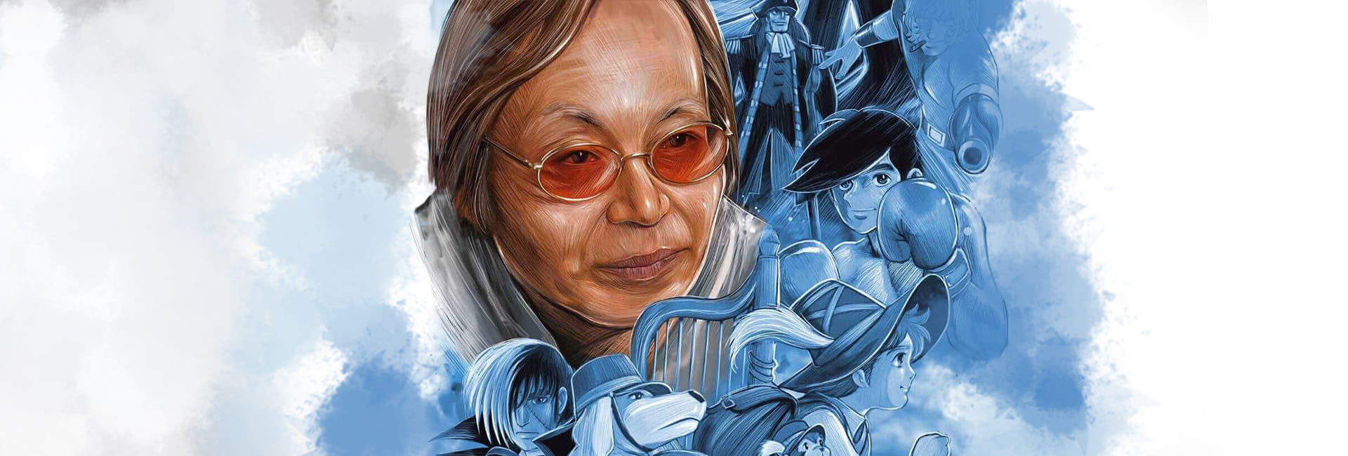 na capa o autor, Osamu Dezaki, está ao centro com óculos de sol com lentes laranjadas cercado por vários de seus pesonagens