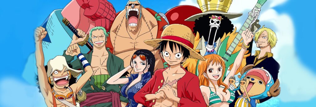 Os chapéus de palha, da esquerda pra direita: Ussop, Zoro, Franky, Robin, Luffy, Brook, Nami, Choper, Sanji - Guia completo de fillers One Piece