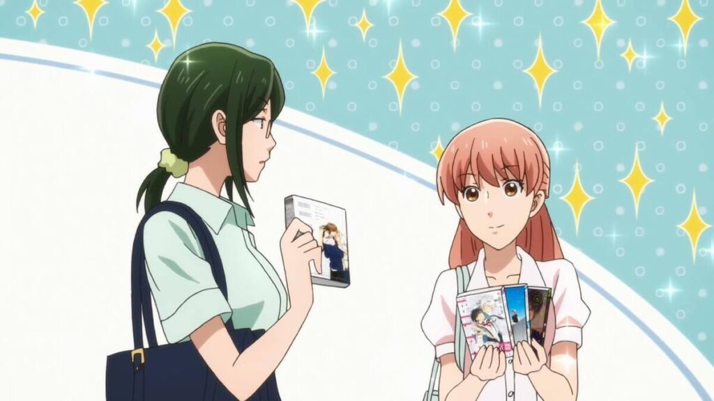 Imagem de Hanako e Narumi comprando mangás Boys Love