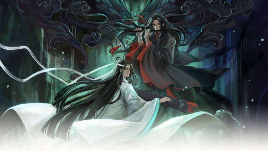 Imagem de Wei Wuxian e Lang Wangji com seus instrumentos mágicos