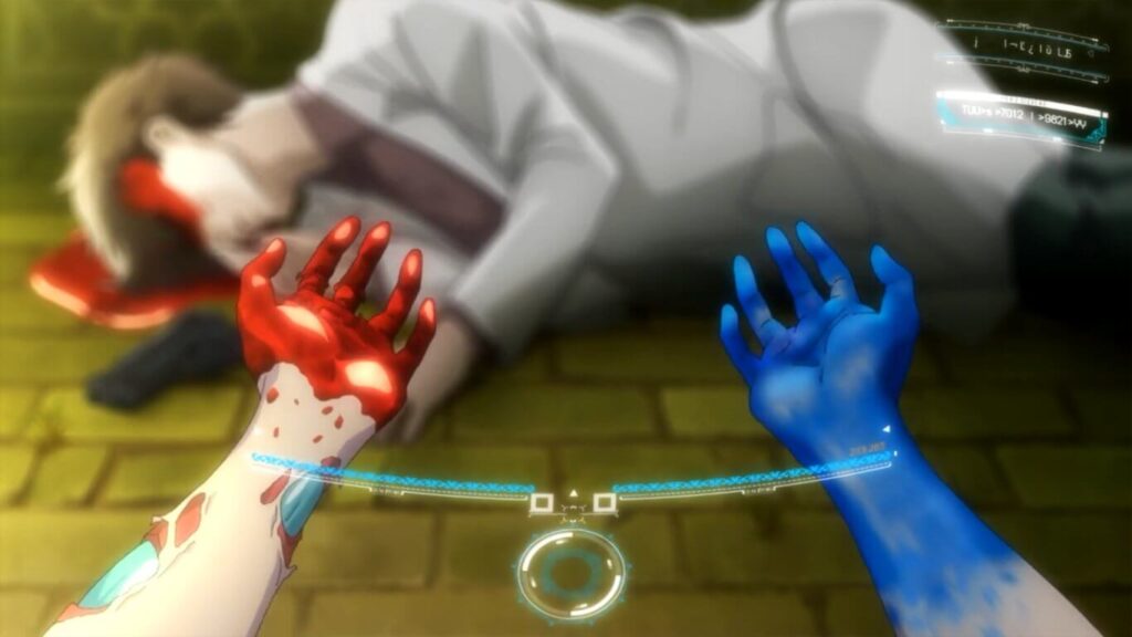 vivy com as mãos de sangue azul (de robô) e sangue vermelho (de humanos)