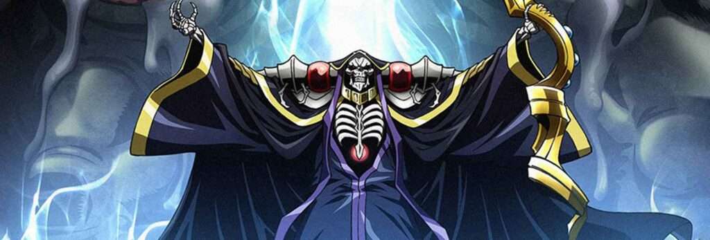 Ainz Ooal Gown segurando seu cajado da guild, com os braços abertos