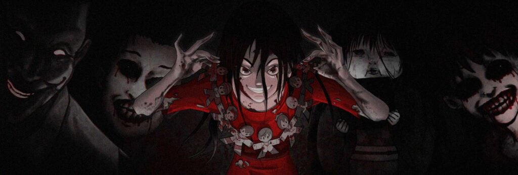 ótimos animes de terror, com corpse party e horror stories na capa, muitos rostos macabros em um ambiente escuro
