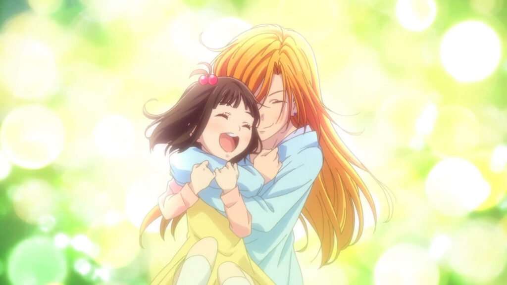 Imagem de Fruits Basket com a mãe da Tooru a abraçando quando ela era criança