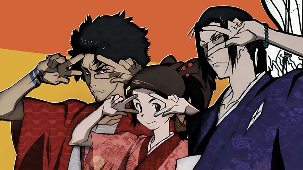 Protagonistas de Samurai Champloo fazendo uma pose de idol, um dos animes de samurai