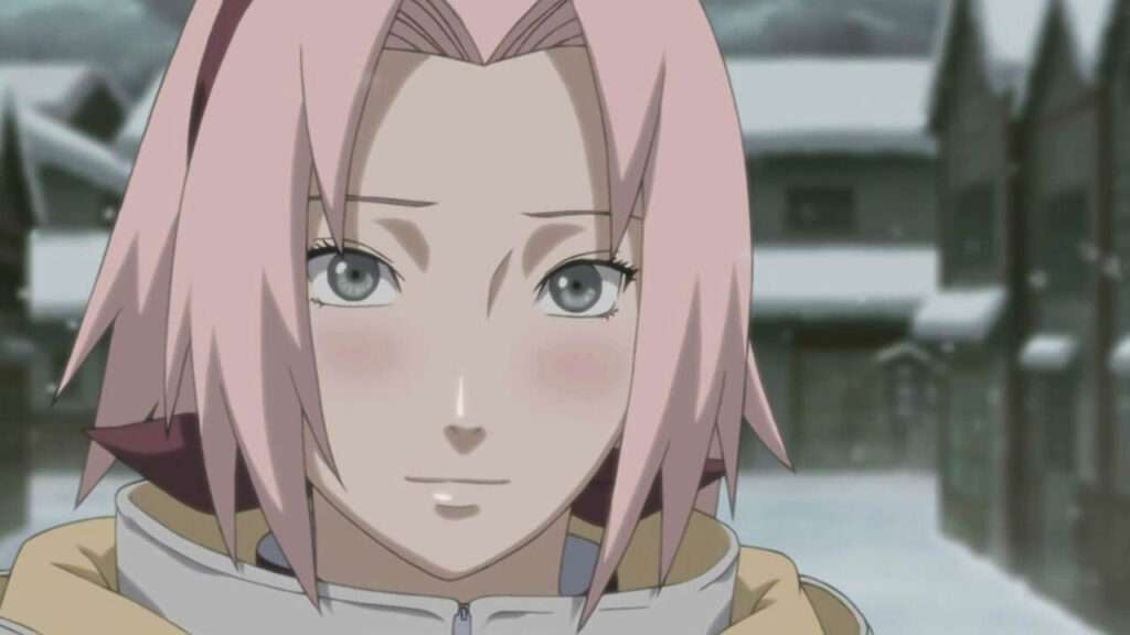 Rosto de Sakura envergonhada, sorrindo, após se declarar para Naruto