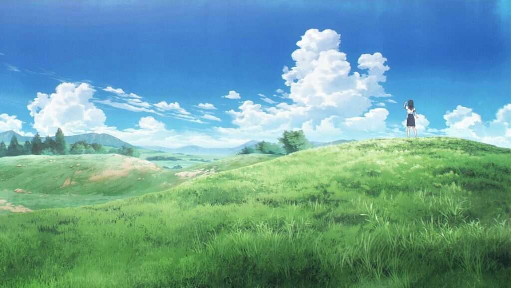 Akebi's Sailor Uniform. Akebi em um campo com sob um céu azul e nuvens