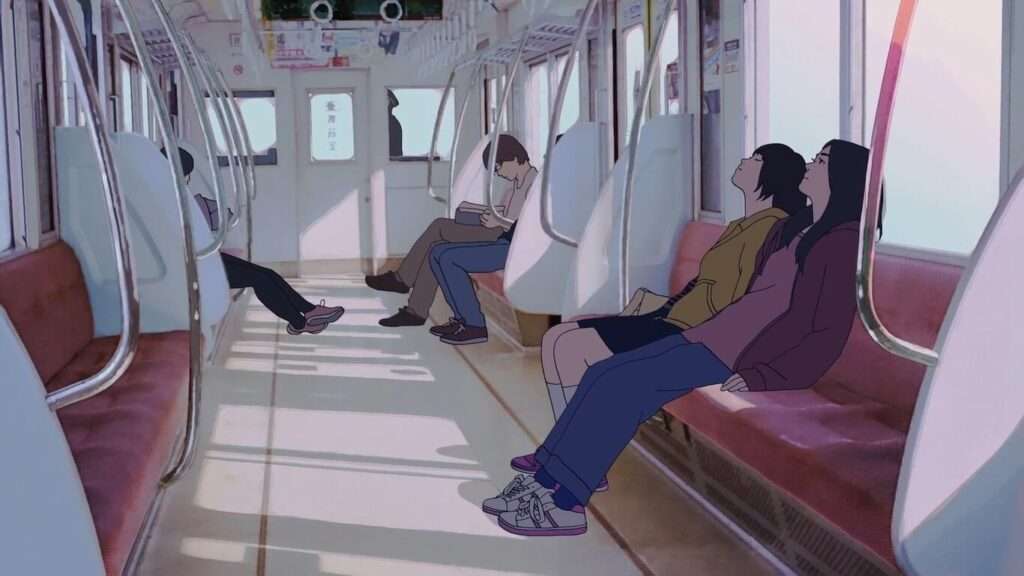 Hana to Alice sentadas no metrô