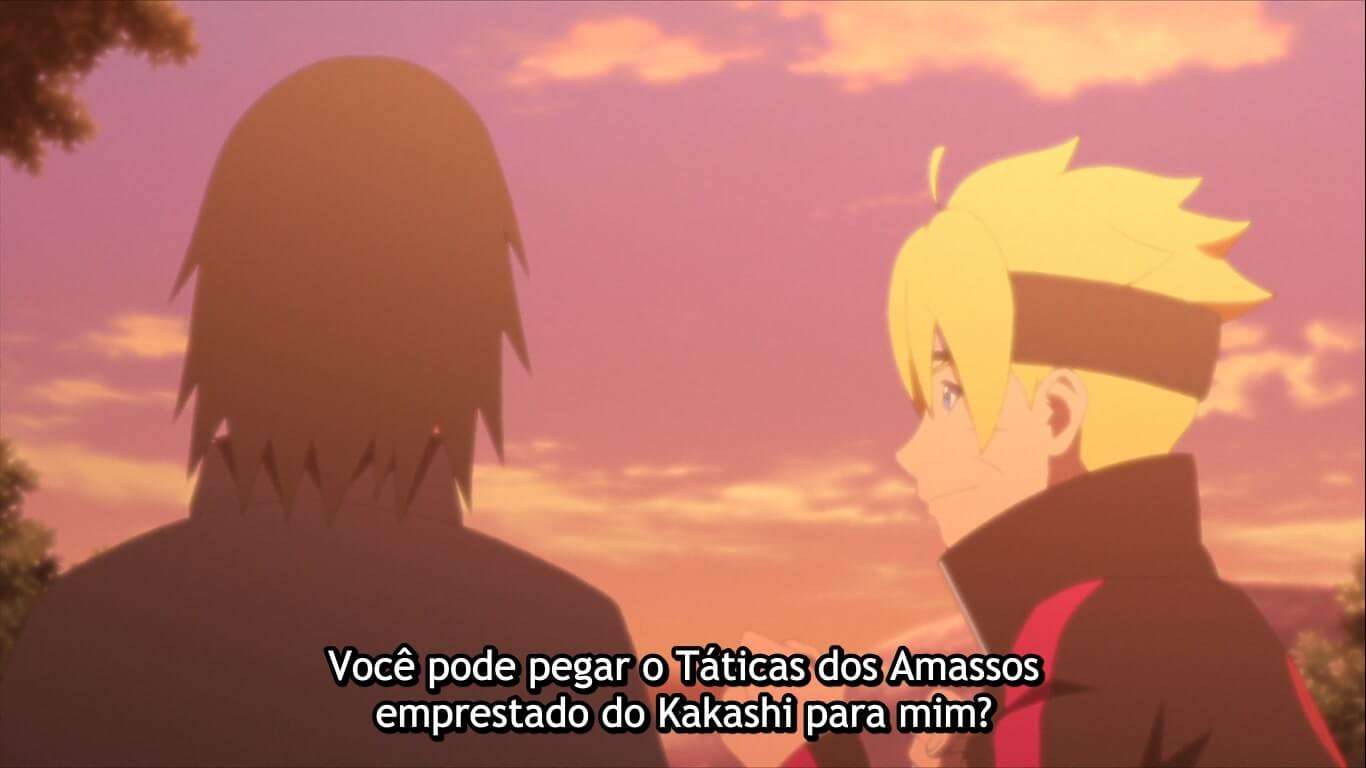 boruto conversando com sasuke sobre livro de kakashi