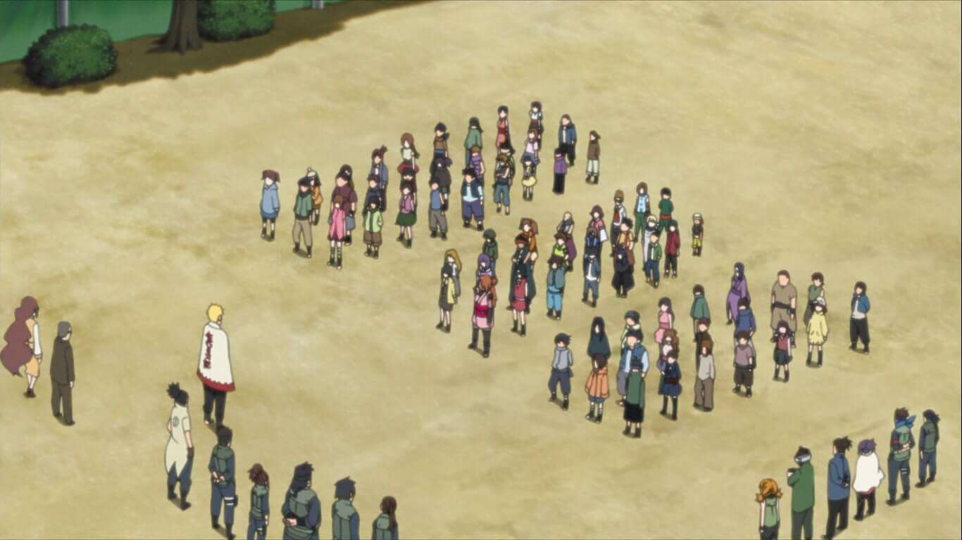 Genins reunidos em fila durante prova exame Chunin em Naruto