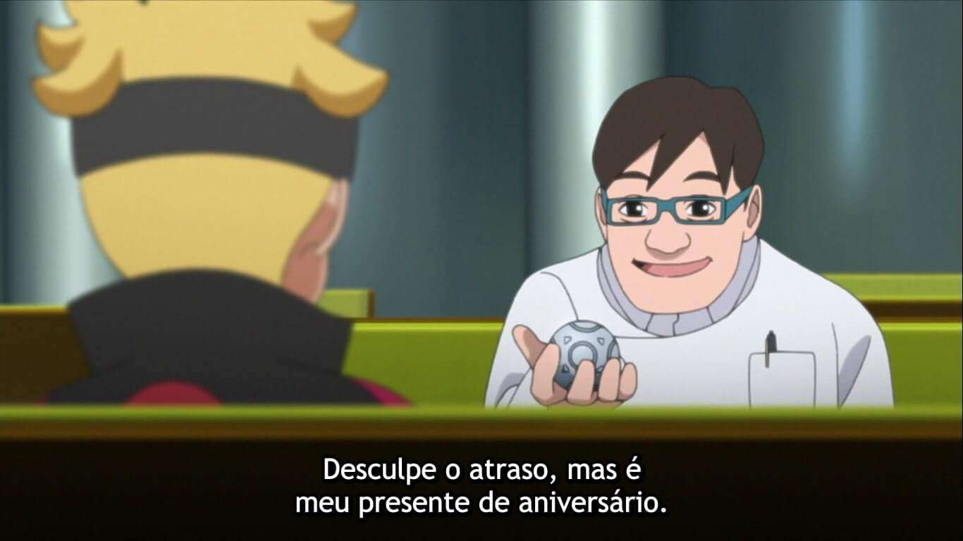 cientista conversando com boruto enquanto segura uma bolinha