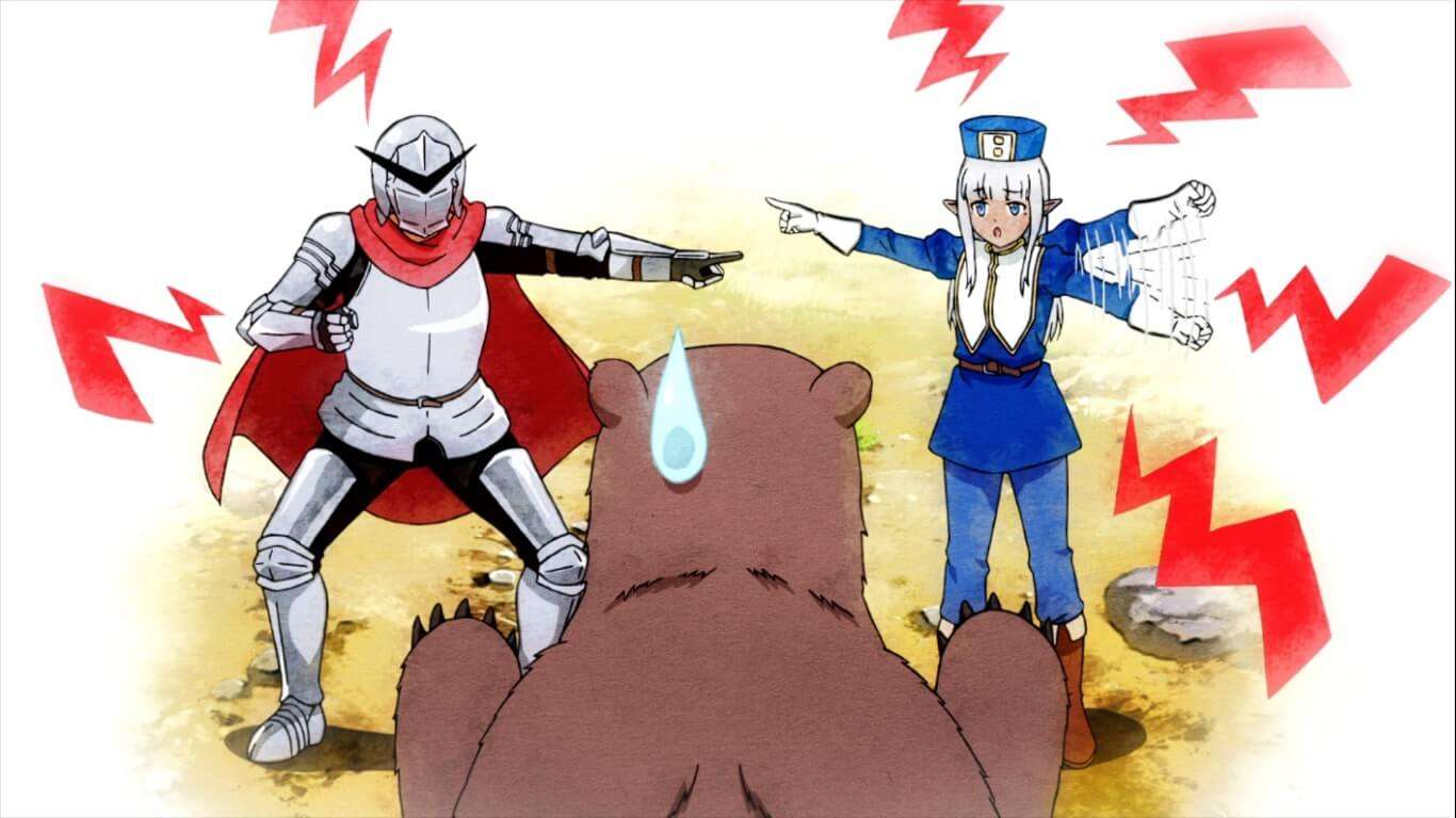 Carla e Alvin brigando em frente a magibesta "Quase urso" em Kono Healer Mendokusai