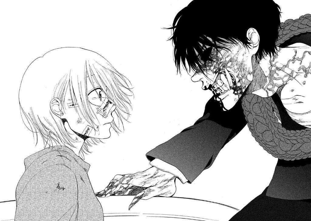 Anzai transformado em vampiro frente a frente com Taira que o olha assustada