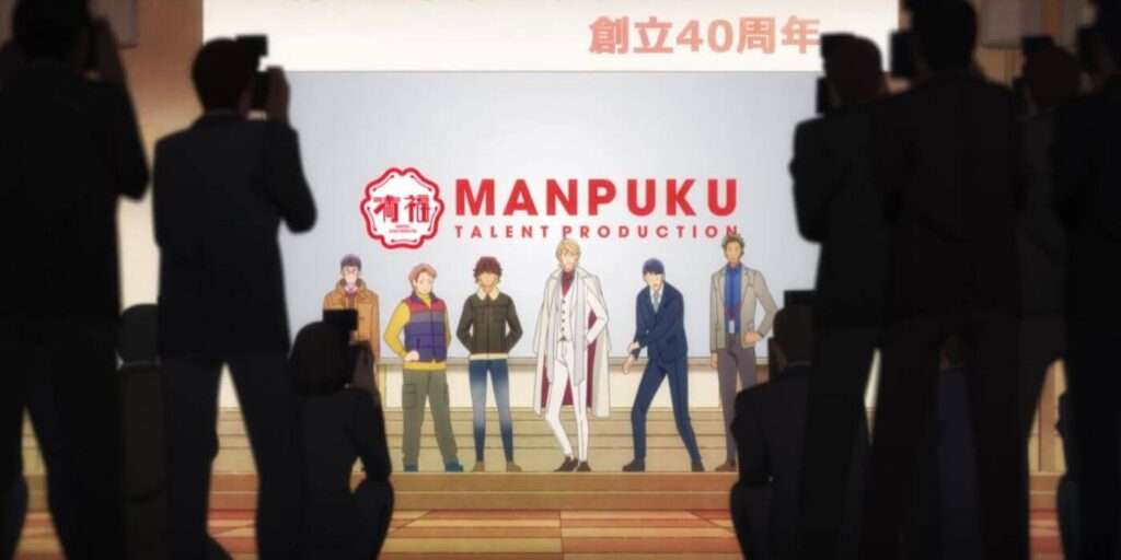 Integrantes do grupo Eternal Boys se apresentando com o telão da empresa Manpuku ao fundo e fotógrafos à frente