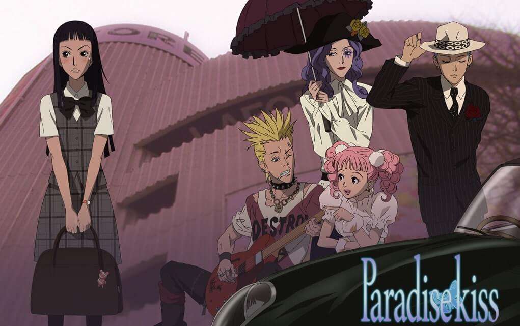 Capa do anime Paradise Kiss com os personagens do anime respectivamente sendo Yukari, Nagase, Isabella, Miwako e George