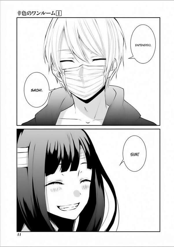 Protagonista de Sachi-iro no One-Romm sorrindo junto com seu oni-san que está sorrindo também.