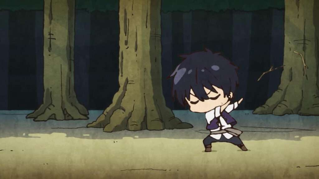 Hiraku jogando dois gravetos no ar enquanto está no meio da floresta