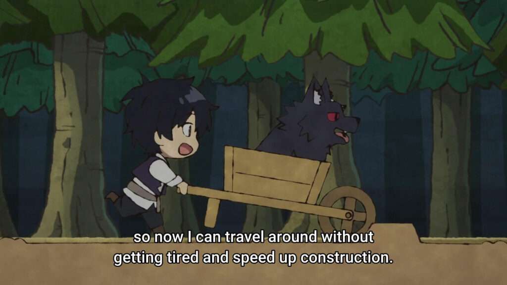 Hiraku andando com um carrinho de mão com um cachorro infernal dentro dele enquanto fala que pode se cansar menos e acelerar sua construção