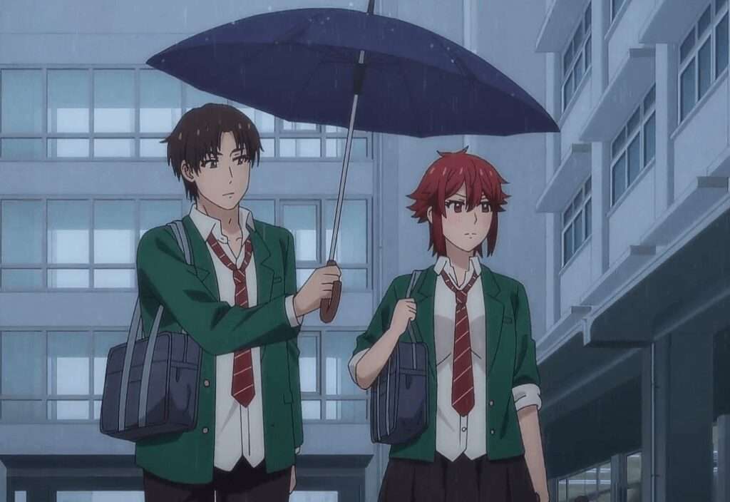 tomo e jun caminhando na chuva com o guarda-chuva