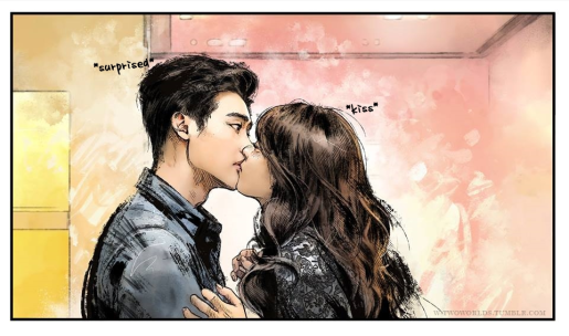 Imagem de Oh Yeon Joo beijando Kang Cheol em formato de webtoon