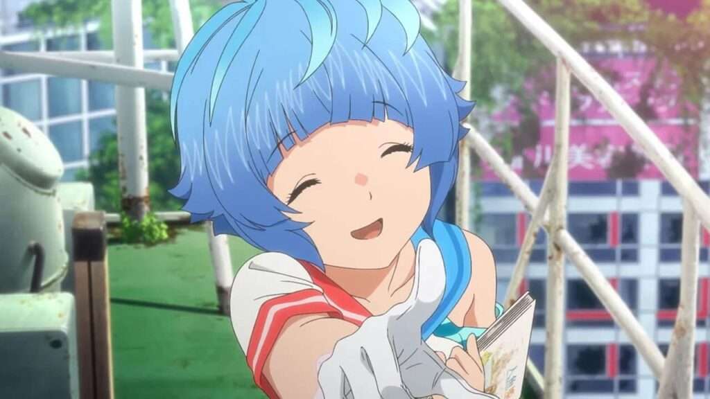 uta, protagonista de bubble, com cabelos azuis curtos e um sorriso, apontando uma mão coberta por uma luva na direção da tela.