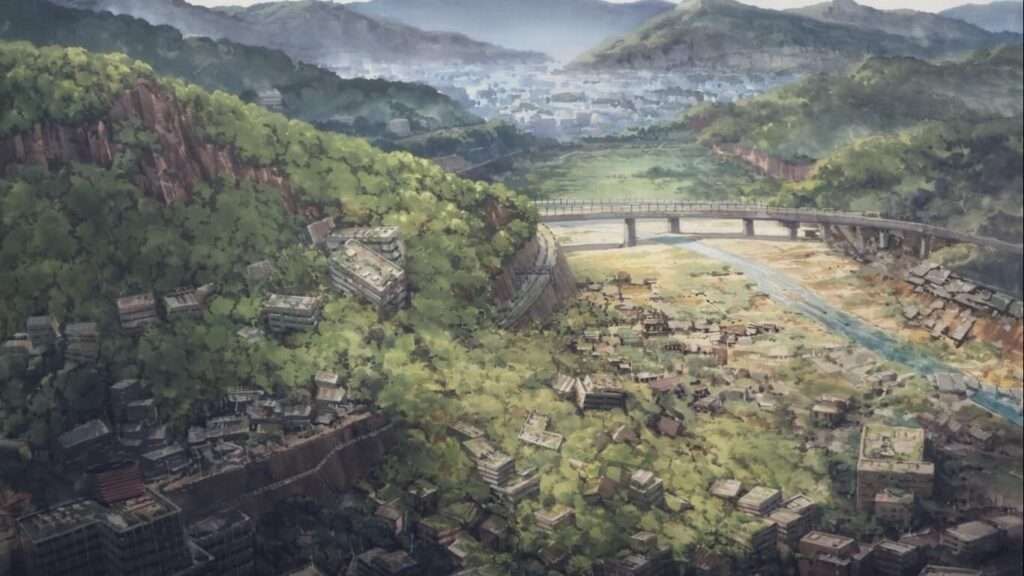 O cenário belo e estático de Tengoku Daimakyou, representando bem um mundo "pós-apocaliptico"