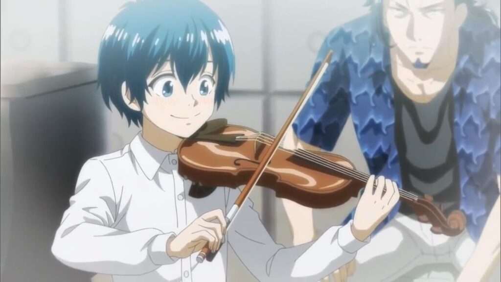 protagonista de Ao no Orchestra criança sendo ensinado pelo seu pai a tocar violino