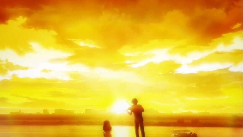 Aono tocando violino com um por do sol no fundo