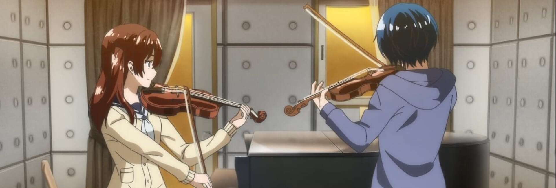 Os protagonistas de Ao no Orchestra tocando violino