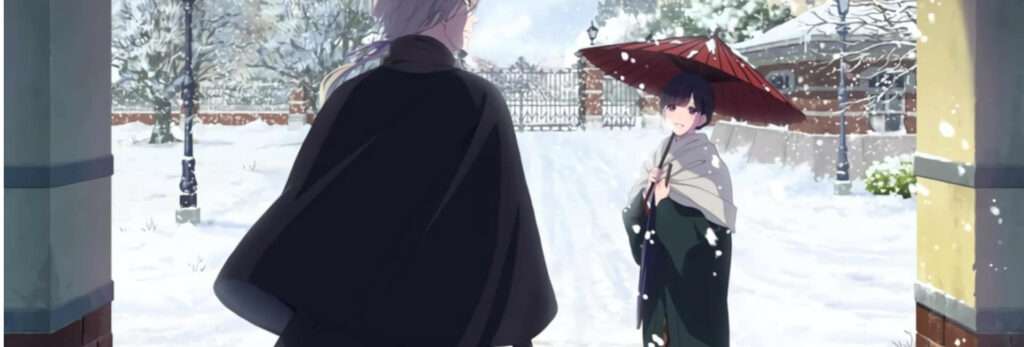 Miyo segurando um guarda chuva vermelho enquanto sorri para seu marido