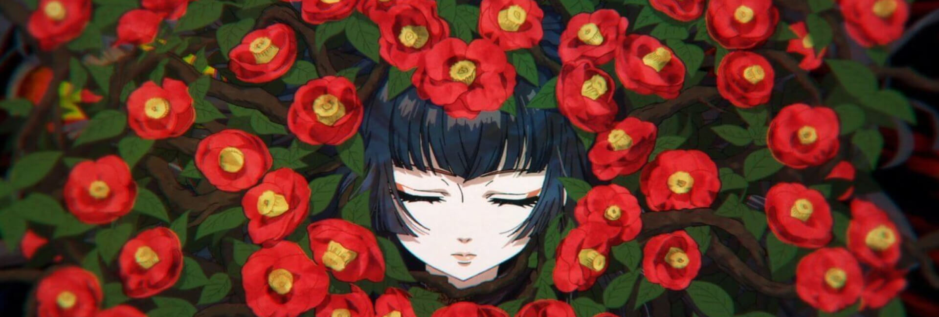 Capa da obra de Undead Girl Murder Face, onde aparece a protagonista feminina em volta de flores