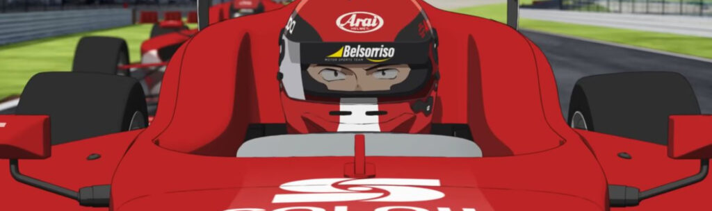 capa com o rival do protagonista, sentado em um carro vermelho de fórmula quatro e se preparando para o início da corrida